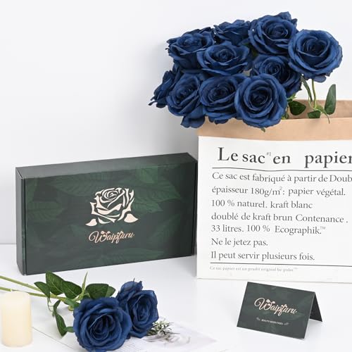Waipfaru 16 Pcs Blue Roses Artificial Flowers, Long Stem Fake Roses, Silk Faux Flowers for Valentines Wedding Bouquet Vase Centerpiece Home Decor (Navy Blue) - color: Navy Blue, size: 16 Pcs