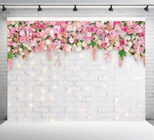 10X8FT White Brick Wall Flowers Backdrop Spring Theme Photography Background for Mother's Day Valentine Wedding Bridal Baby Shower Birthday Party Decor Banner Portrait Photo Booth Prop DH-270 ﻿ - size: 10X8FT