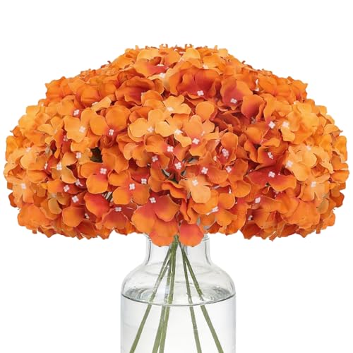 Fake Orange Hydrangea Artificial Flowers - Faux Silk Hydrangeas Flowers Heads with Stems Real Touch for Home Wedding Party Table Decor(Orange,Pack of 10) - color: Orange