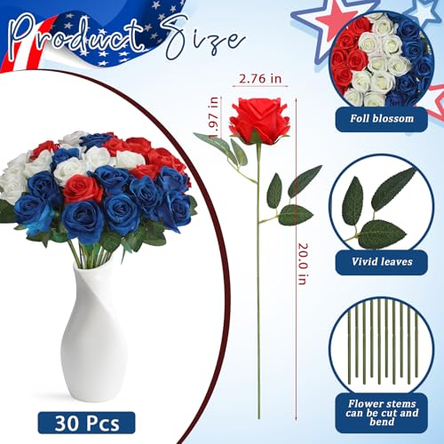 30pcs Fake Roses Artificial Silk Flowers Long Stems Bouquet for Wedding Bridal Shower Party Home Decoration (Red,White,Blue) - color: Red,white,blue