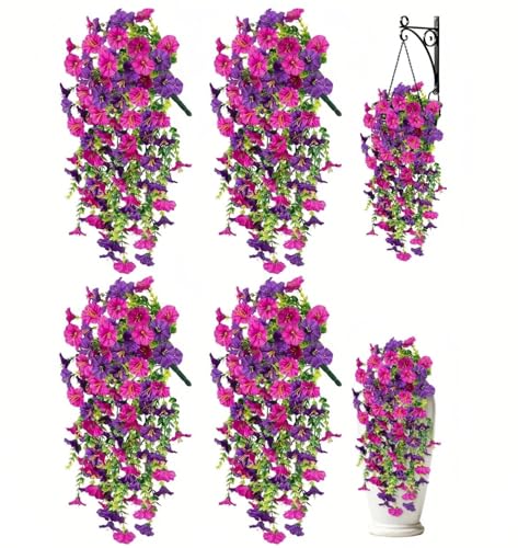 Artificial Hanging Flowers for Outdoors, 4 PCS UV Resistant Morning Glory Flowers with Eucalyptus Leaves, Silk Fake Flower Realistic Faux Plants for Home Patio Porch Garden Decor, Purple+Fuchsia - color: Purplish-red
