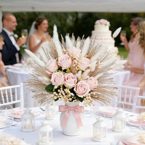 Dried Pampass Fake Roses Bouquet Fluffy Dried Feather with Reeds Bunny Tails Baby Breath Artificial Flowers for Wedding Bride's Bouquet Home Livingroom Pink Boho Decor Table Centerpieces