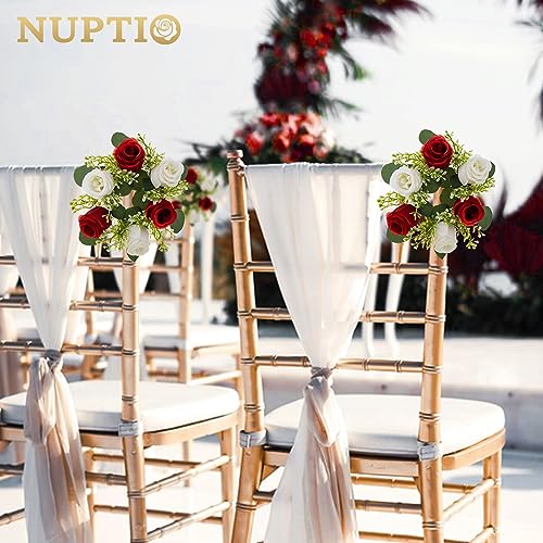 NUPTIO Flower Wreath for Table Centerpieces: 9.05 Inch Small Crimson & White Candle Rings for Wedding Party Christmas Decorations - Rose Wreaths for Spring Summer Front Door Porch Decor 6 Pcs - color: Crimson & White, size: Dia 9.05"-6pcs