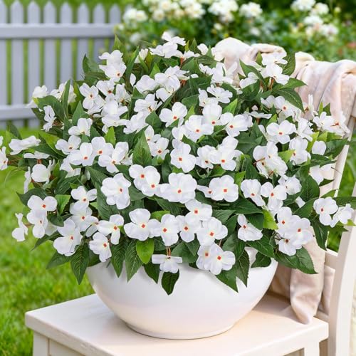 Artificial Flowers for Outdoors Decorations, 6 Bundles Realistic Impatiens Silk Faux Flowers UV Resistant Fake Plants for Outside Pot Patio Garden Porch Planters Window Box Balcony Indoor Home Decor - color: White
