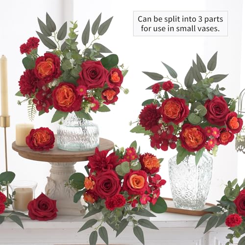10 Pcs Mixed Artificial Flowers Set, Artificial Peony Bouquet Fake Rose Flower Silk Floral Arrangements for Table Centerpiece Vase Home Wedding Party Bridal Vase Decoration(Red, 6 Bouquets & 4 Stems) - color: Red, size: Mixed 10pcs