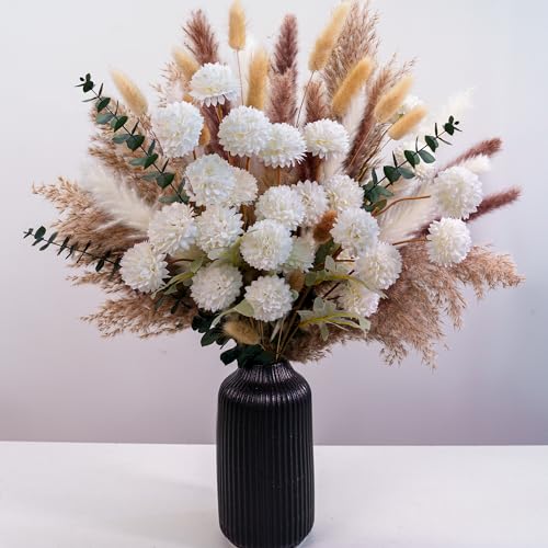 High-End Faux Flower Bouquet with Dried Pampas Grass Decor – Realistic Artificial Flowers Indoor | Faux Peonies, Mums, Ranunculus, Eucalyptus | Dried Floral Arrangements & Vase Fillers for Home Decor - color: White