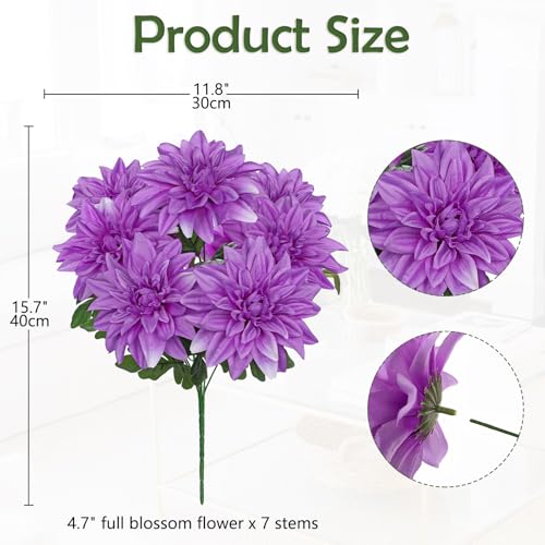 Hollyone Purple Artificial Dahlia Flowers Bush 7 Heads Silk 15.7" Fake Dahlias Flowers Wedding Bouquets Faux Dahlia Flowers Floral Arrangements for Outdoor Indoor Party Table Centerpieces Home Decor - color: Purple