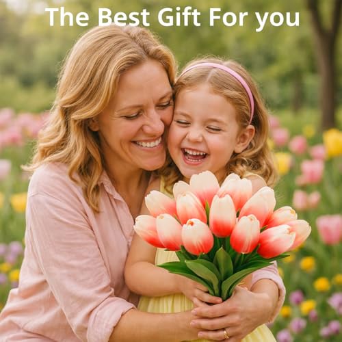 20 Pcs Tulips Artificial Flowers, 13.5'' Real Touch PU Fake Flowers Bouquet for Home Party, Spring Wedding Floral Arrangement, Valentine's, Easter and Mother's Day Decor (Cream Red) - color: Cream Red
