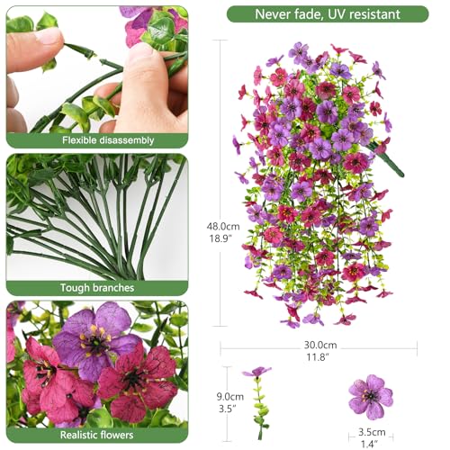INQCMY 2Pcs Artificial Fake Hanging Flowers for Outdoors UV Resistant Artificial Plants for Spring Summer Decor Look Real Faux Flowers for Outside Home Planter Porch Patio Decor - color: Purple Red