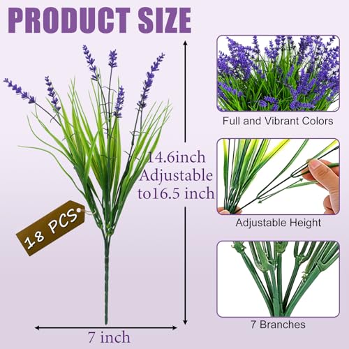 18 Pack Purple Artificial Lavender Flowers, UV Resistant Outdoor Faux Plants - Realistic Fake Greenery Stems for Outdoor Decor, Garden Arrangements Planters Decoration (Purple - color: Purple-18