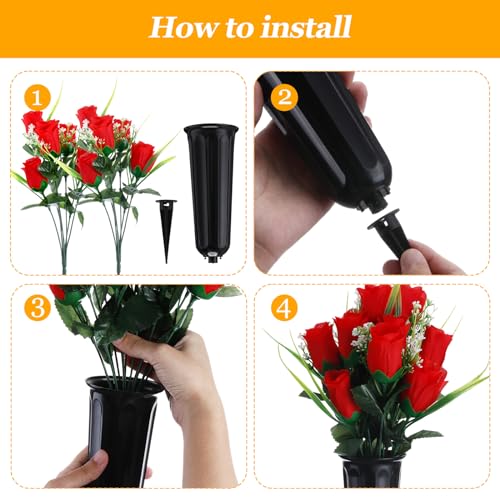 Tigeen 6 Sets Father's Day Cemetery Flowers with Grave Vase 12 Bunches Artificial Rose Memorial Bouquet 84 Heads Fake Silk Flower for Dad Gravesite Graveside Decor(Red) - color: Red
