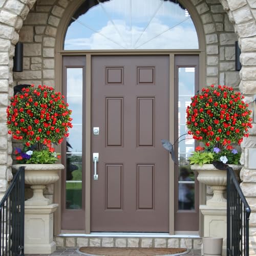 Artificial Rose Topiary Trees, 22 Inch UV-Resistant Red Flowers, Set of 2 with Ground Stakes, Indoor Outdoor Decorative Plants (2, Red Rose) - color: Red Rose