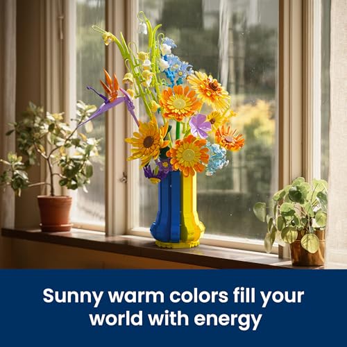 Sunflower Bouquet Building Set with Vase, Gift for Mom Wife Women Girlfriends Adults Couple Teens, Artificial Botanical The Starry Night Flower for Home Office Décor (1147 PCS) - color: Yellow and Blue