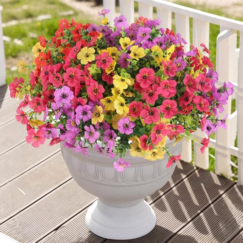 Artificial Flowers for Outdoor Planter Indoor Decor Fake Silk Daisy Flowers UV Resistant Faux Plants for Spring Summer Garden Home Boxwood Porch Patio Window Box, 12 Bundles (4-Color Mixed) - color: Mix Purple/ Yellow/ Red/ Deep Pink