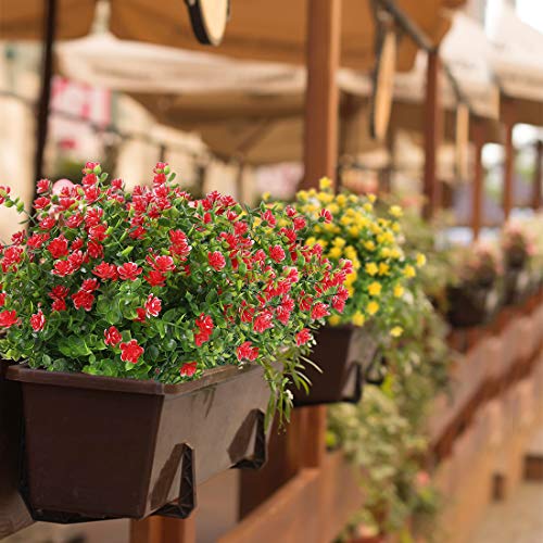 6 Bundles Artificial Flowers, Fake Artificial Greenery UV Resistant No Fade Faux Plastic Plants for Wedding Bridle Bouquet Indoor Outdoor Home Garden Kitchen Office Table Vase (Red) - color: Red