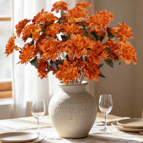 16 PCS Dahlia Artificial Flowers Burnt Orange Silk Bouquet Faux Mums Flowers Arrangement Terracotta Decor Fall Fake Flowers for Home Centerpieces Tables Kitchen Wedding Decoration - color: Burnt Orange
