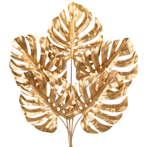 DILATATA 5 Pcs Artificial Monstera Leaves with Stem 24 Inch Golden Tropical Monstera Plant Gold Palm Leaves Philodendron Monstera Fronds for Wedding Hawaiian Luau Jungle Party Decorations - color: Monstera#gold Pe 5pcs