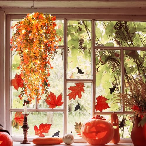 RECUTMS Fall Artificial Flowers - Faux Hanging Plants with Lights for Thanksgiving Indoor/Outdoor Wedding & Garden Party (Salmon) - color: Salmon, size: Hanging Plants With Lights