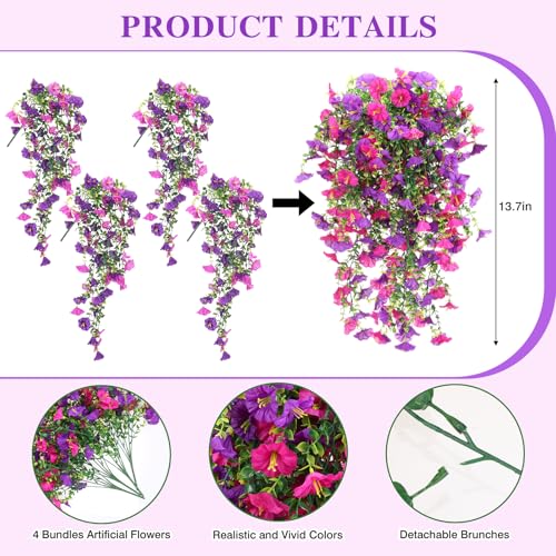 CEWOR 4pcs Artificial Hanging Plants for Outdoor, Fake Flowers Faux Silk Morning Glory with Eucalyptus, UV Resistant Realistic Faux Flower Greenery for Outside Indoor Home Porch Patio Decor, Purple - color: Purple Morning Glory