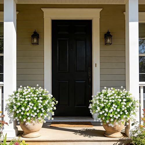 Ouddy Decor 24 Bundles Artificial Flowers for Outdoors Decoration Fake Flowers UV Resistant Faux Plastic Greenery Eucalyptus Plants for Spring Summer Garden Patio Indoor Outdoor Home Decor, White - color: White