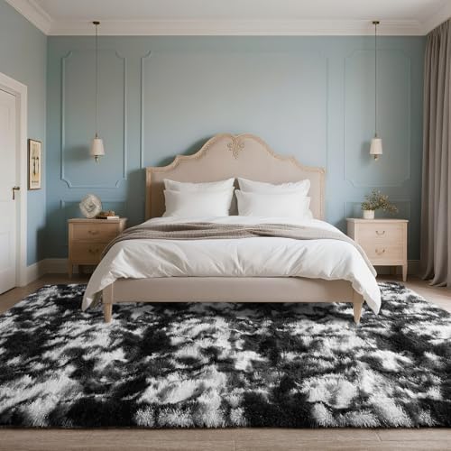 DweIke Fluffy Black White Shag Rugs for Bedroom Living Room, 3x5 Feet Soft Plush Tie-Dyed Cow Girls Boys Kids Rug, Non-Slip and Machine Washable Carpet for Dorm Nursery Classroom Decor - color: Tie-dyed Black, size: 3 Ft X 5 Ft