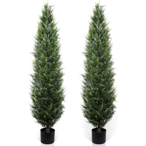Artificial Cedar Topiary 5ft Fake Cypress Trees Faux Cedar Potted Plants Pine Cypress for Outdoors Indoors Front Home Decor 2 Pack