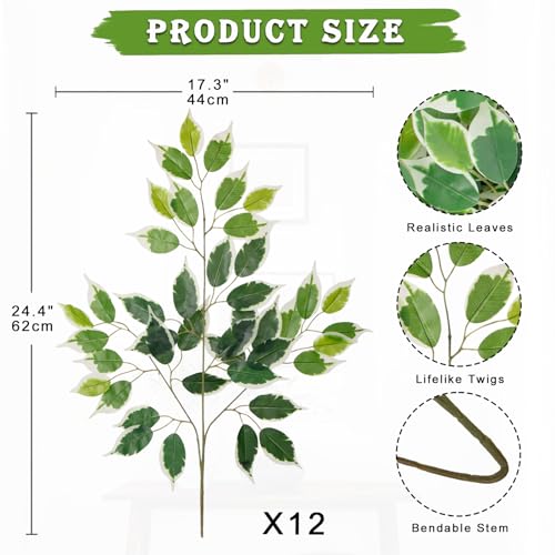 12PCS Ficus Leaves Artificial Branches 24" Faux Ficus Greenery Tree Branches Fake Ficus Leaves Sprays for Tree DIY Arch Wedding Wall Decor - Green & White - color: 24inch-12pcs/Green & White
