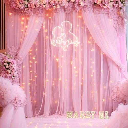 Pink Tulle Backdrop Curtains with Lights String for Parites 10ft×8ft Wrinkle Free Pink Sheer Sparkle Backdrop Curtains for Baby Shower Girls Bridal Shower Birthday Party Photo Shoot Decorations - color: Pink, size: 10 ft X 8 ft(2 Panels 5ft X 8ft)