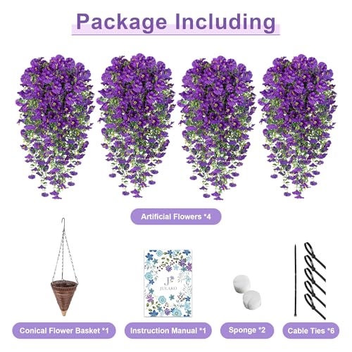 Artificial Hanging Flowers with Basket, 480 Blooms UV Resistant Faux Morning Glory Silk Plants, Fast & Easy Assembly Fake Hanging Baskets for Outdoor Porch Patio Garden Decor, Purple - color: Purple