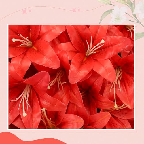 Suncalla 30 Pack Large Artificial Lilies Flower Heads with Realistic Stamens 5.9" Faux Fake Lily Flower Heads Bulk for DIY Crafts Cake Wedding Bridal Wreaths Table Home Party Decor (Red) - color: Red