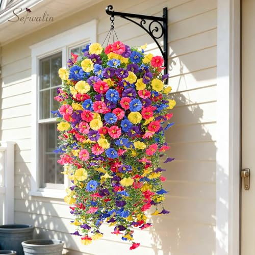 Serwalin Artificial Hanging Flowers for Outdoors UV Resistant, 4PCS Faux Morning Glory Fake Outdoor Flowers Realistic Silk Flower Faux Plants for Outside Planter Front Door Porch Patio Yard Decor - color: Purple, Yellow, Blue& Hot Pink