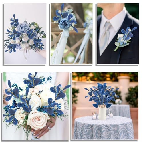 GTIDEA 15PCS Artificial Blue Eucalyptus Stems Faux Greenery Stems with Seeds Blue Eucalyptus Leaves Fake Plants for Summer Floral Arrangement Home Indoor Vase Kitchen Wedding Party Decor (20.5") - color: 15pcs-blue