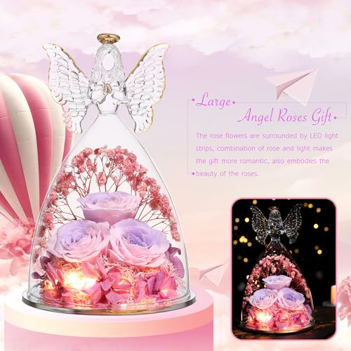 Mothers Day Mom Gifts for Women Preserved Flowers in Glass Angel Forever Flowers Gifts Eternal Roses Gifts for Grandma, PinkpurplePink - color: Pinkpurplepink