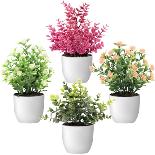 4 Pack Mini Potted Fake Plants, Realistic Artificial Eucalyptus with Flower | Realistic Small Faux Plant with White Pot, Fade & Weather Resistant, Durable No Aging, Ideal Indoor Decor for All Home Styles - color: Green-4pcs