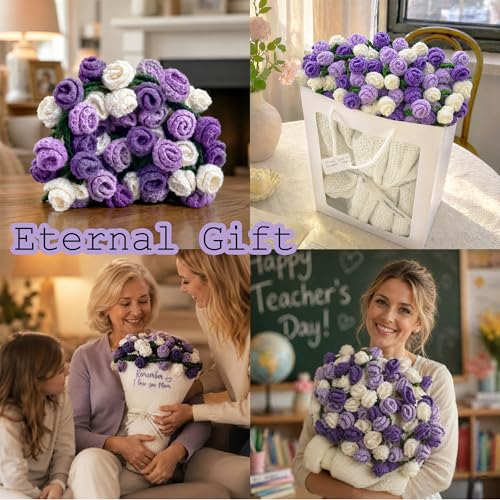 Crochet Flower Bouquet Throw Blanket, Cute Romantic Gift for Her Girlfriend Mom Mother’s Day Valentine Wedding Anniversary Birthday (Purple, 32 inches) - color: Purple, size: 32 inches