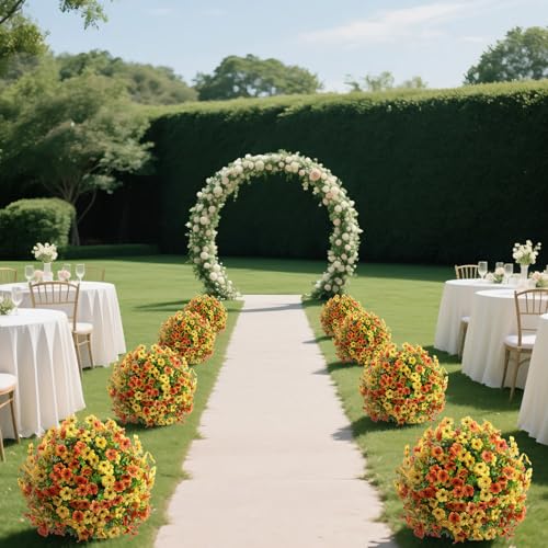 momoplant Artificial Boxwood Topiary Ball Tree with Mum Flowers 24” Tall Faux Plant with Ground Spikes Set of 2 Fake Flower Bushs for Farmhouse Porch Home Garden Decor - size: 2Pcs with Spike（Yellow&Orange）