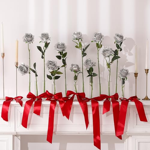 Hawesome 12PCS Artificial Silk Flowers Realistic Roses Bouquet Long Stem for Home Wedding Decoration Party (Silver, 12Pcs Flowers) - color: Silver, size: 12Pcs Flowers