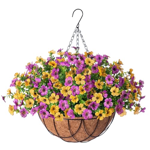 INXUGAO Artificial Silk Spring Flowers Hanging Basket for Outdoor Indoor, Daisy with Eucalyptus Leaves Arrangement for Yard Decor, Faux Green Plant in Metal Coconut Lining Pot(Purple Yellow) - color: Purplish Yellow