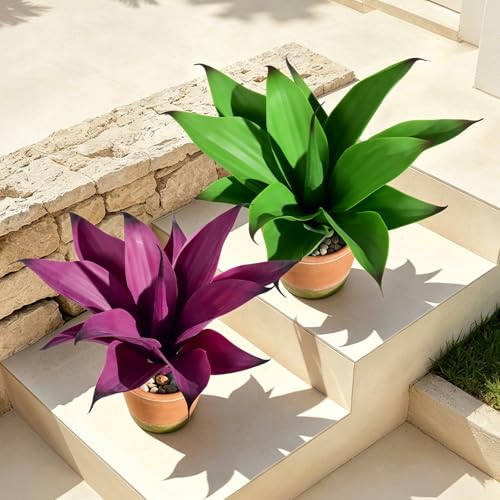 2 Set Real Touch Artificial Agave Plants, Lifelike Faux Succulent in Pot Desk Table Snake Plant Indoor Decor for Living Room Bathroom Shelf Office (Green+Purple) - color: Green+purple
