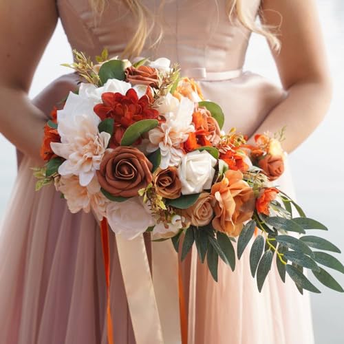 Wedding Bouquets for Bride Bridal Bouquet Bridesmaid Bouquet Tossing Bouquet for Wedding Ceremony Wedding Anniversary, Wedding Gifts, Chic Terracotta and Orange Style - color: Sunset Red