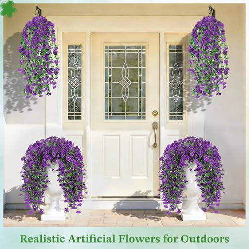 Artificial Hanging Flowers for Outdoors, 4Pcs UV Resistant Artificial Hanging Morning Glory Flowers, Spring Realistic Faux Outdoor Flower for Porch Patio Yard Garden Farmhouse Decor (Purple) - color: Purple