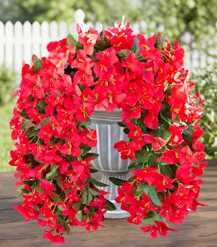 HyeFlora Bougainvillea Artificial Hanging Flowers Plants for Outdoors Decoration, 2pcs Red Fake Flowers Silk Bougainvillea Vines Realistic UV Resistant Faux Flowers for Outside Planters Porch Patio - color: Red