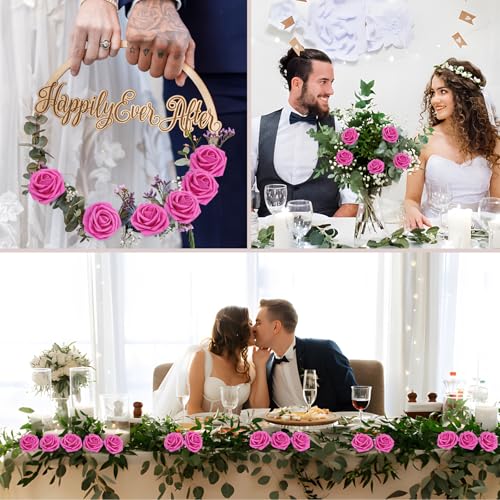 100PCS Hot Pink Realistic Roses - Artificial Latex Foam Flowers with Bendable Stems & 24PCS Leaves for Wedding, Home and Party DIY Decor - color: Hot Pink, size: 100
