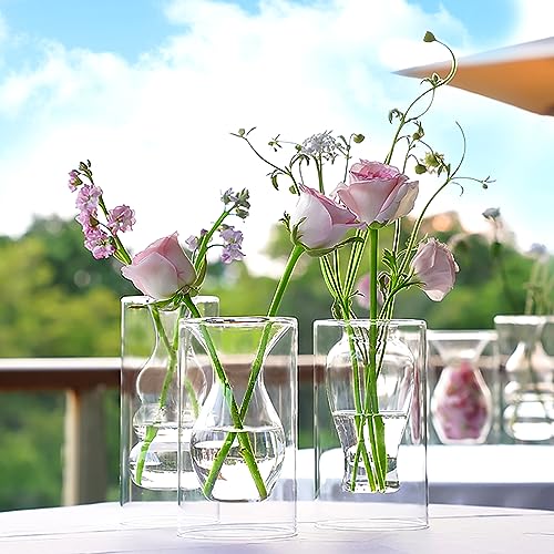ZENS Unique Clear Small Flower Vase Set of 3, Modern Floating Decorative Vases, Double Hollow Cool Glass Vases, Hand Blown Bud Vases for Home Small Bouquet, Wedding Centerpieces - color: Transparent, size: 7 inch tall Vase Set of 3