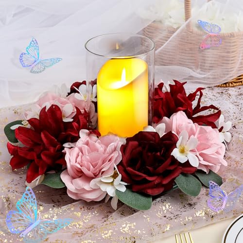 Artificial Flower Candle Rings - 6 Inch Inner Rose Floral Wreaths with Butterflies for Wedding Bridal Event Table Centerpieces Backdrop Decorations (Burgundy & Pink, 6 X Candle Rings) - color: Burgundy & Pink, size: 6 X Floral Wreaths