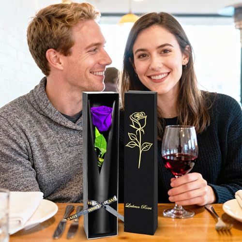 Purple Single Forever Roses Luxury Gift for Women/Men, Fresh Flowers Bouquet for Girlfriend, Wife, Mom, Anniversary, Valentine's Day, Wedding, Graduation, Christmas, Birthday, Unique Presents for Her - color: Purple