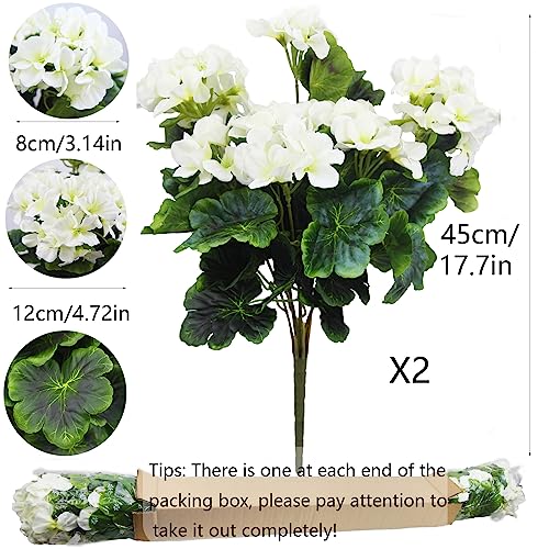 2 Pcs Artificial Geraniums for Outdoors Silk Cemetery Flowers White Faux Flowers Geraniums for Planter Outdoor Garden Patio Grave Cemetary Vase Centerpiece Indoor Porch Decor - color: White