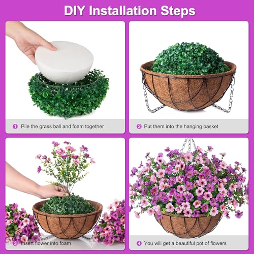 INXUGAO Artificial Silk Flowers Hanging Basket for Outdoor Indoor, Daisy with Eucalyptus Leaves Arrangement for Garden Yard Spring Decor, Faux Green Plant in Metal Coconut Lining Pot(Purple Pink) - color: Purple Powder