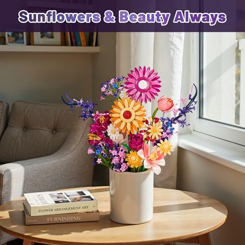 Sunflowers Flowers Bouquet Building Set for Adults, Artificial Flower Compatible with Lego Botanical Collection, Christmas Valentine's Day Birthday Gift for Women Girl Girlfriend Home Decor - color: Sunflower