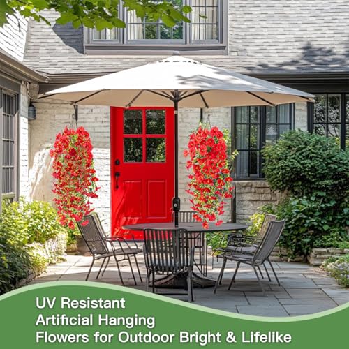 Artificial Flowers for Outdoors Fake Morning Glory Hanging Flower Decoration, 6 Pcs Realistic Faux Plants Petunias Trailing Vines, Spring Summer Decor for Porch Patio Balcony Planter Yard(Red) - color: Red, size: 6 Pcs
